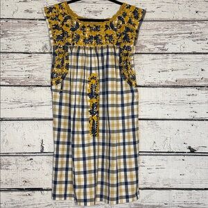 Mi Golondrina Yellow and Navy Embroidered Floral plaid dress